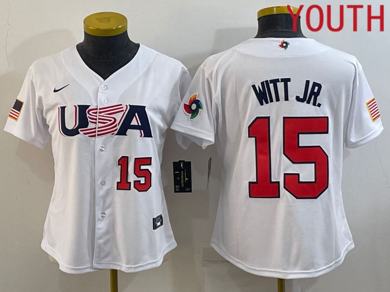 Youth 2023 World Cub USA #15 Witt jr White MLB Jersey4->youth mlb jersey->Youth Jersey